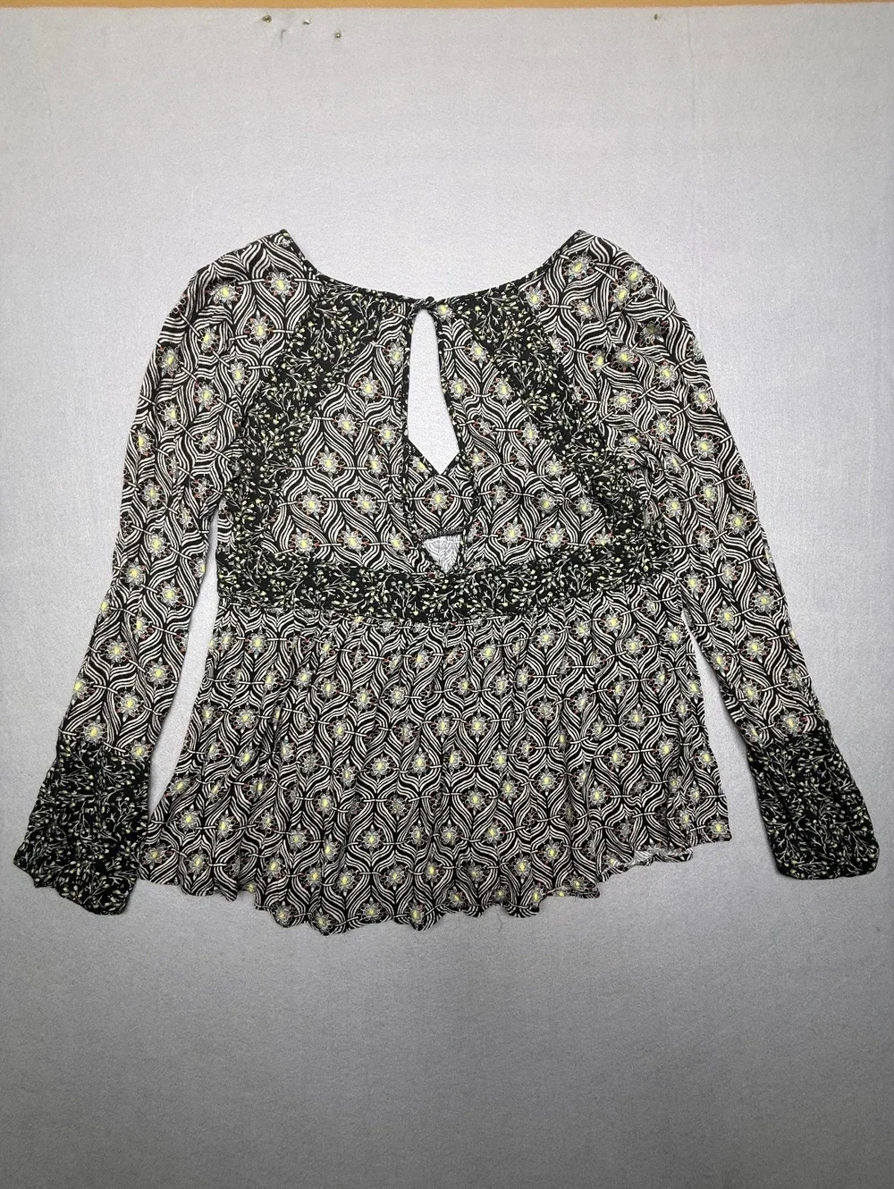 Free People Bohemian Long Sleeve Top Women's M Black Pattern